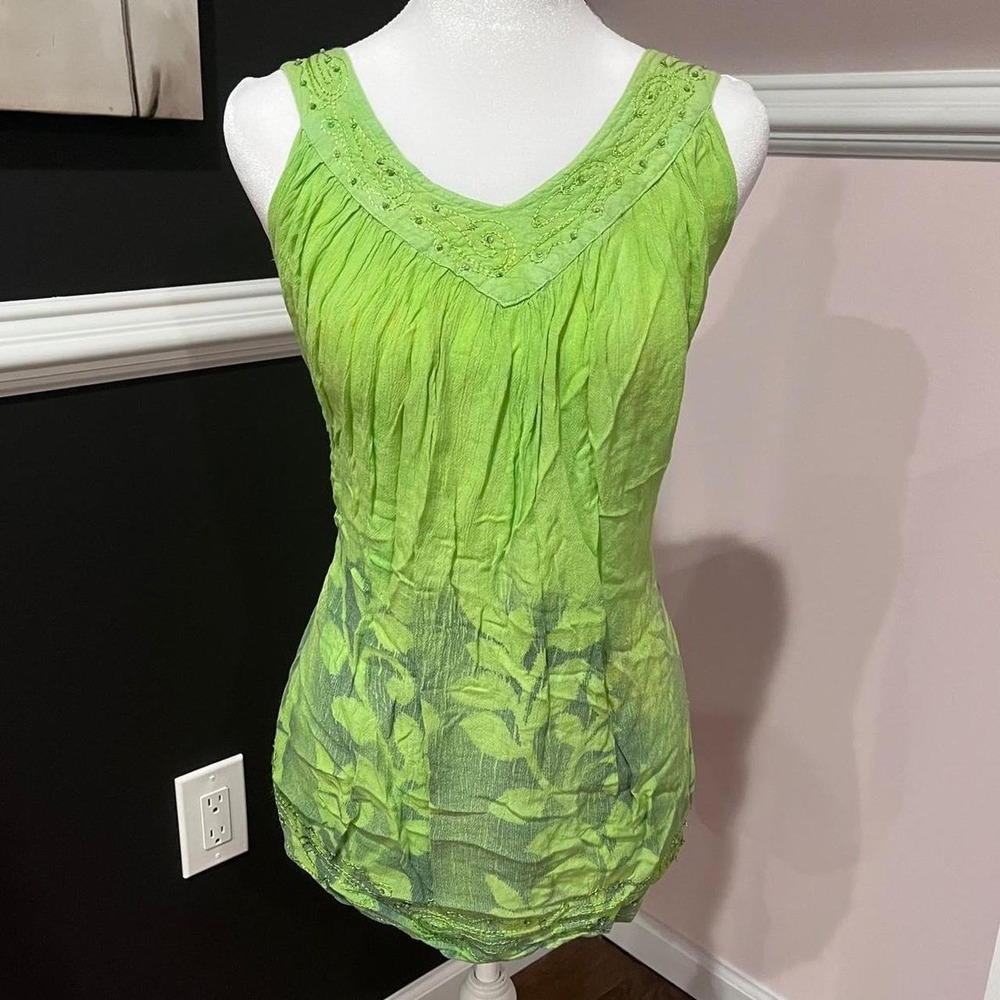 Y2K Vintage Lime Green Beaded Botanical Flowy Mini Dress Small